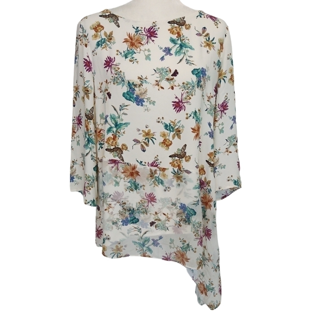Chico's White Asymmetrical Floral Butterfly 3/4 Sleeve Tunic Whimsical Flowy